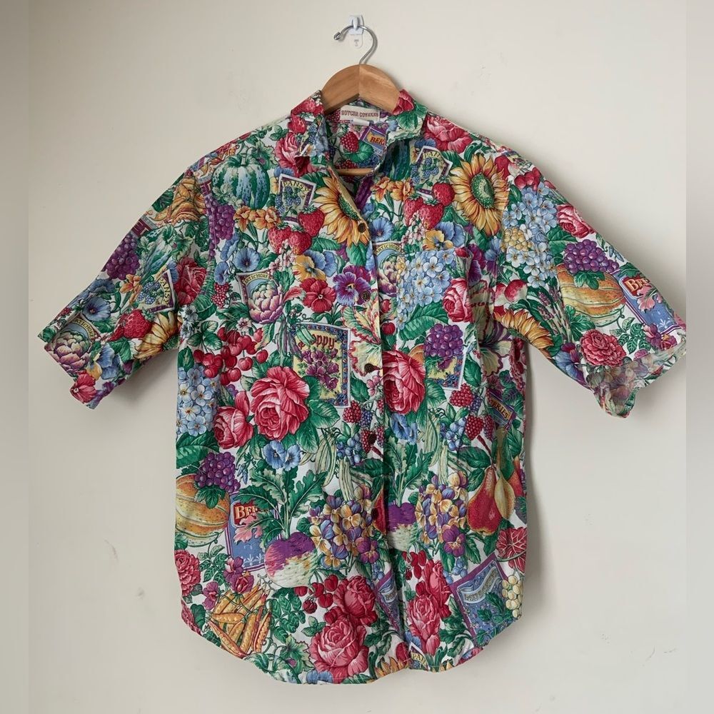 Vintage Floral Garden Print Short-Sleeve Shirt Multicolor Gotcha Covered Sz M